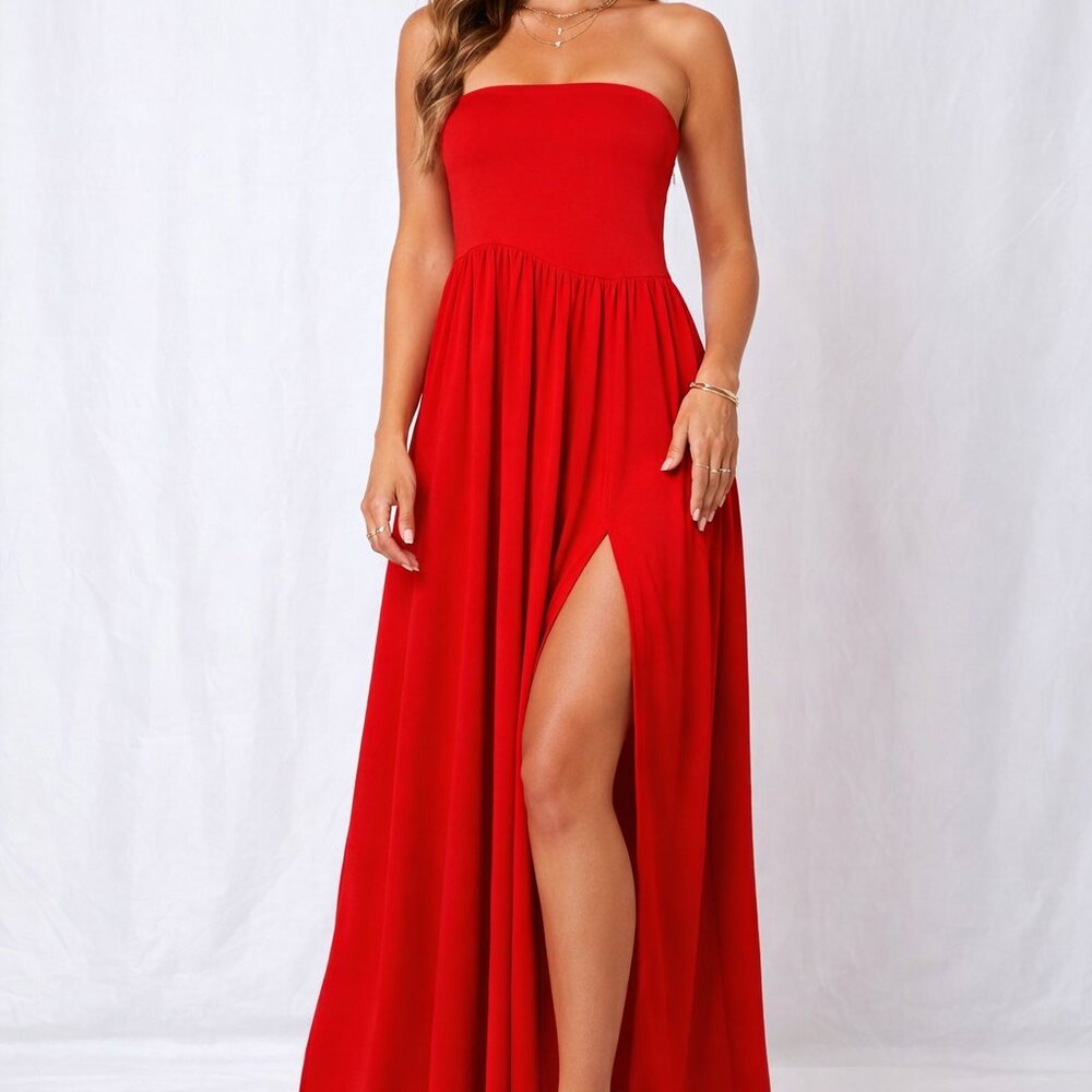 *NWOT*‎ Strapless Red Flowy Maxi Dress A-Line Split | Summer Statement | Sz. Med